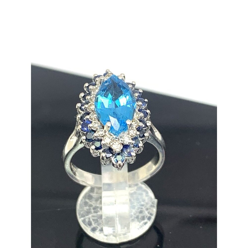 Blue Gemstone Diamond Cocktail Ring 14k White Gold Estate Jewelry Women's Size 6